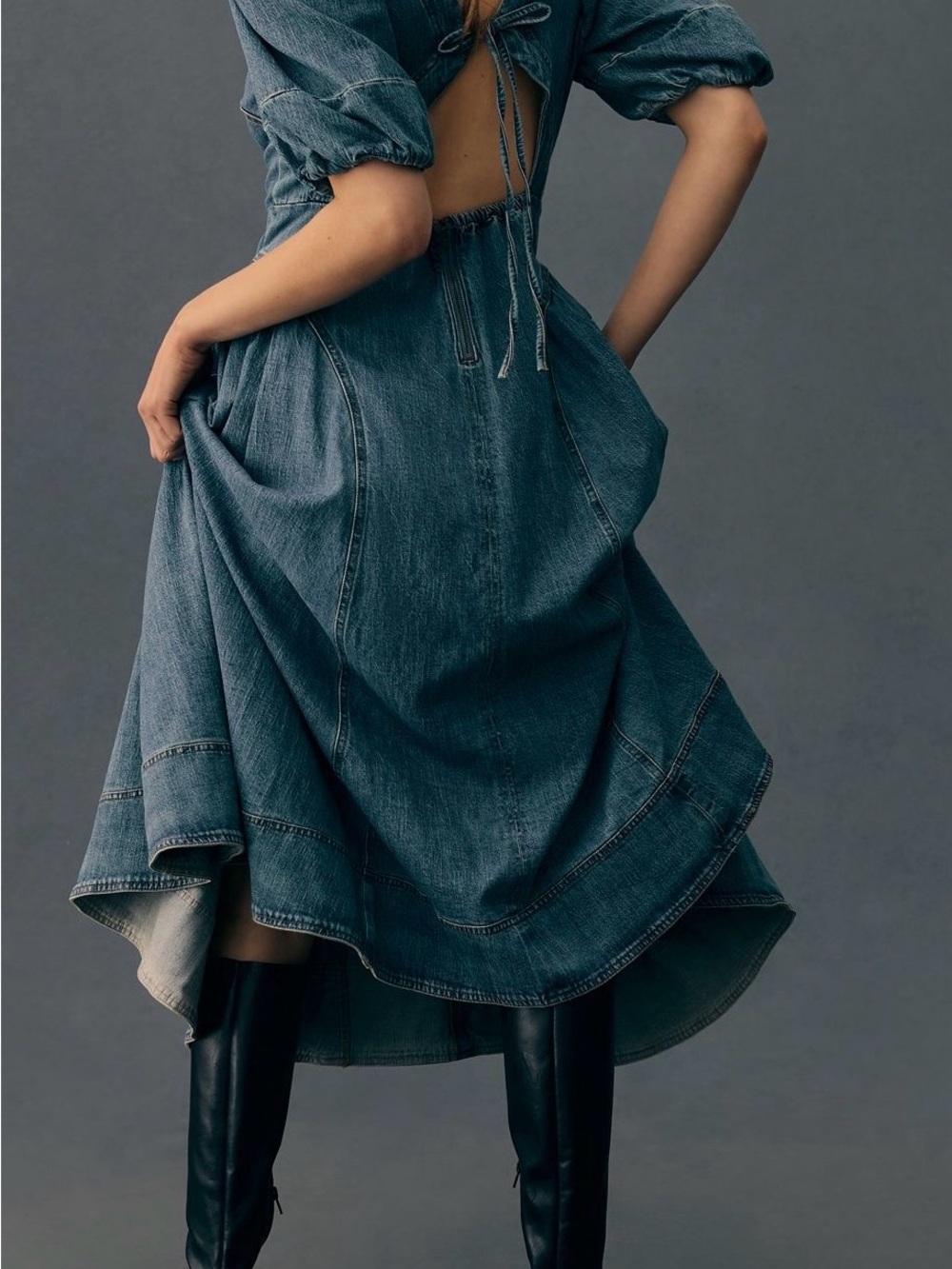 Pilcro Denim Puff-Sleeve Midi Dress - Blue - Picture 2 of 7